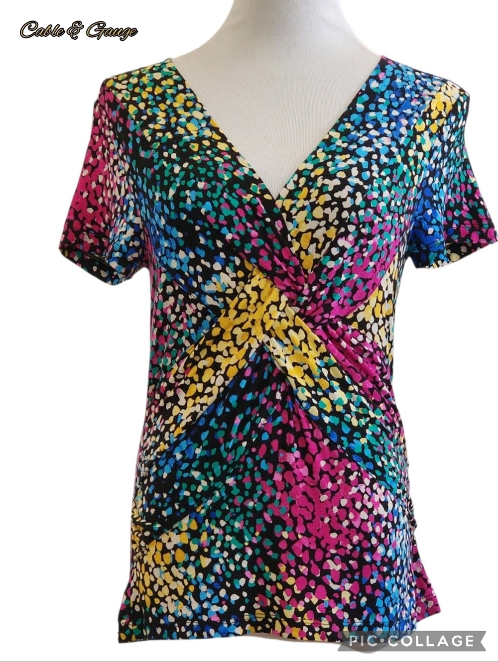Cable & Gauge black multicolor v-neck twist-front short sleeve top sz lrg - Picture 13 of 13